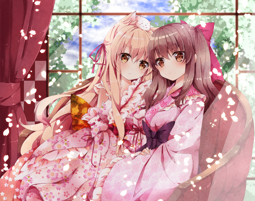 2girls, animal_on_head, blonde_hair, bow, brown_eyes, brown_hair, couch, curtains