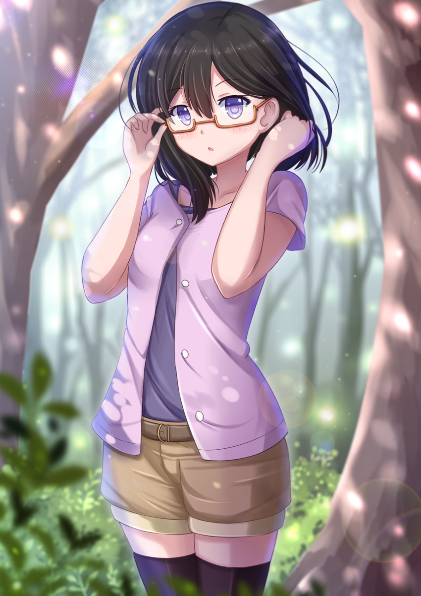 1girl, black_hair, blush, forest, glasses, glasslip, highres, kazenokaze
