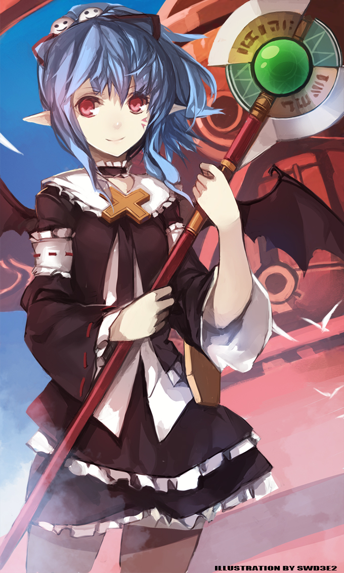 1girl, alwen_du_moonbria, artist_name, bat_wings, blue_hair, choker, frills, holding