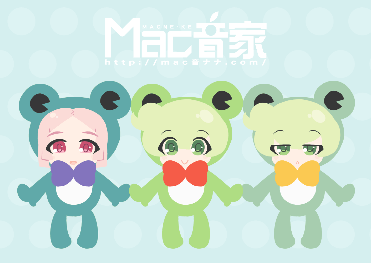 3girls, frog_suit, green_eyes, green_hair, macloid, macne_coco, macne_nana, macne_nana_petit