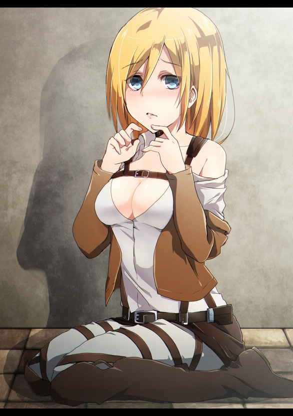 1girl, bare_shoulders, blonde_hair, blue_eyes, breasts, christa_renz, cleavage, jacket