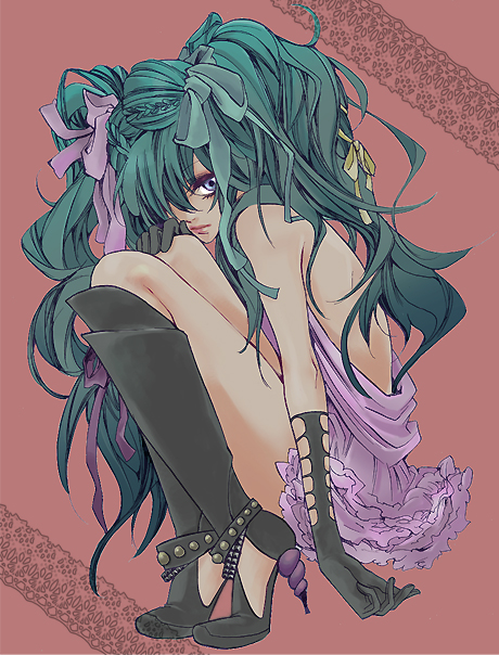 aqua_hair, blue_eyes, boots, hair_over_one_eye, hair_ribbon, hatsune_miku, long_hair, ribbon