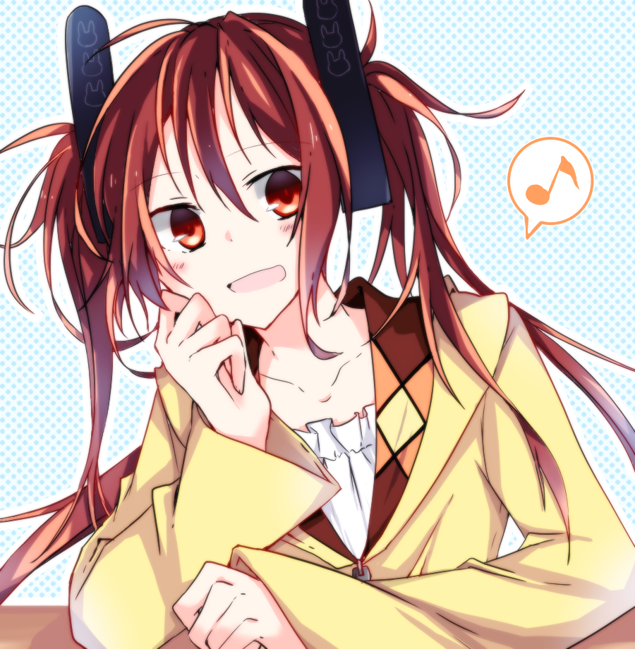 1girl, aihara_enju, black_bullet, blush, brown_eyes, brown_hair, brs-82, hair_ornament, long_hair, long_sleeves, looking_at_viewer, musical_note, open_mouth, smile, solo, twintails, very_long_hair