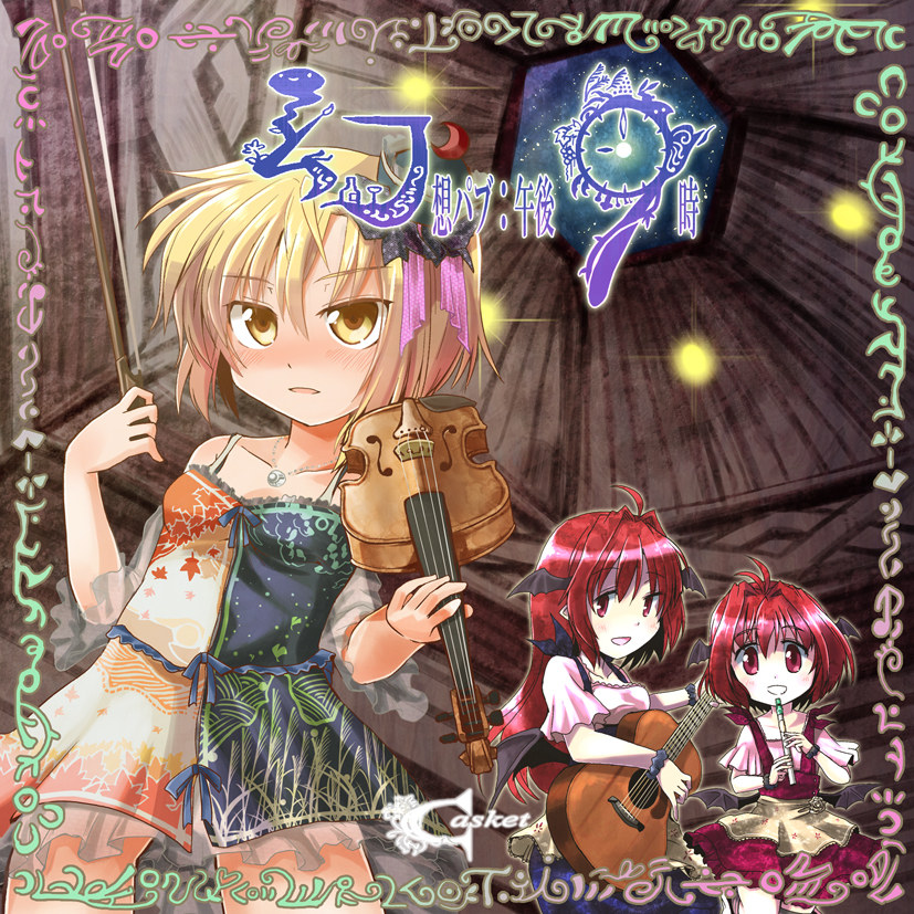 3girls, acoustic_guitar, album_cover, alternate_costume, bat_wings, blonde_hair, cover, dual_persona