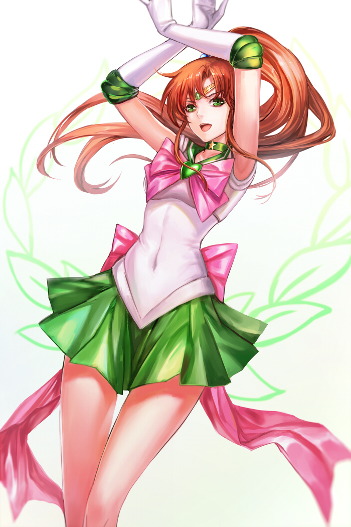 1girl, :d, arms_up, bishoujo_senshi_sailor_moon, bow, brooch, brown_hair, choker