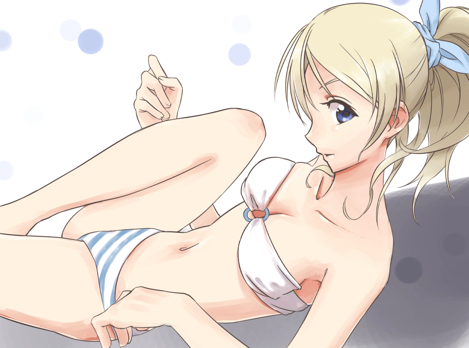 1girl, ayase_eli, bikini, blonde_hair, blue_eyes, dongol, long_hair, love_live!_school_idol_project, lying, ponytail, swimsuit