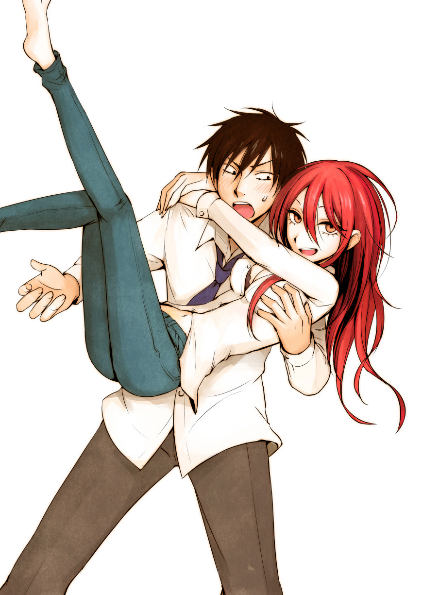 1boy, 1girl, arms_around_neck, blush, breasts, carrying, cleavage, dress_shirt, highres, hoozuki-san_chi_no_aneki_+_imouto, hoozuki_gorou, hoozuki_haru, igarashi_ran_(igatz), leg_up, long_hair, navel, necktie, official_art, princess_carry, redhead, shirt, sweatdrop