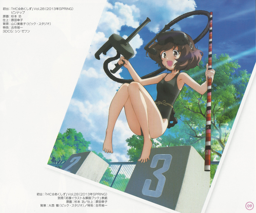 1girl, absurdres, black_swimsuit, brown_eyes, brown_hair, casual_one-piece_swimsuit, clouds, girls_und_panzer