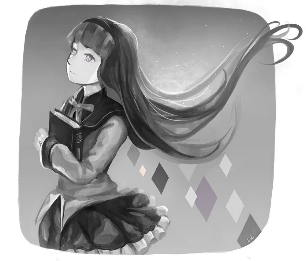 1girl, akemi_homura, black_hair, book, eresince, hairband, long_hair, looking_up, magical_girl, mahou_shoujo_madoka_magica, rhombus, signature, solo, very_long_hair, violet_eyes