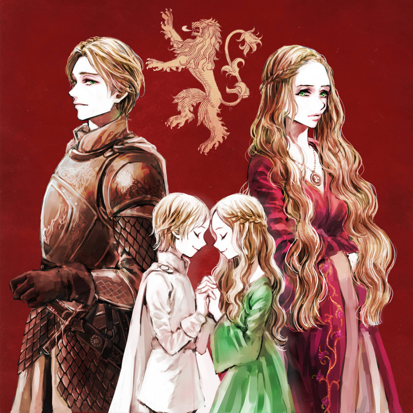 1boy, 1girl, a_song_of_ice_and_fire, armor, blonde_hair, braid, cape, cersei_lannister