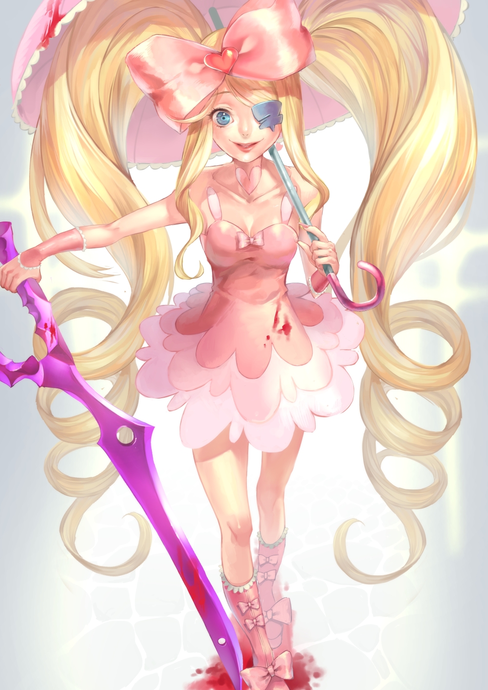 1girl, blonde_hair, blood, blue_eyes, boots, bow, dress, drill_hair
