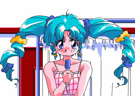 1girl, adjusting_hair, animahjong_x, animated, animated_gif, aqua_hair, artist_request, blue_eyes, character_request, earrings, jewelry, long_hair, looking_at_viewer, lowres, microphone, pc98, sogna, solo, twintails
