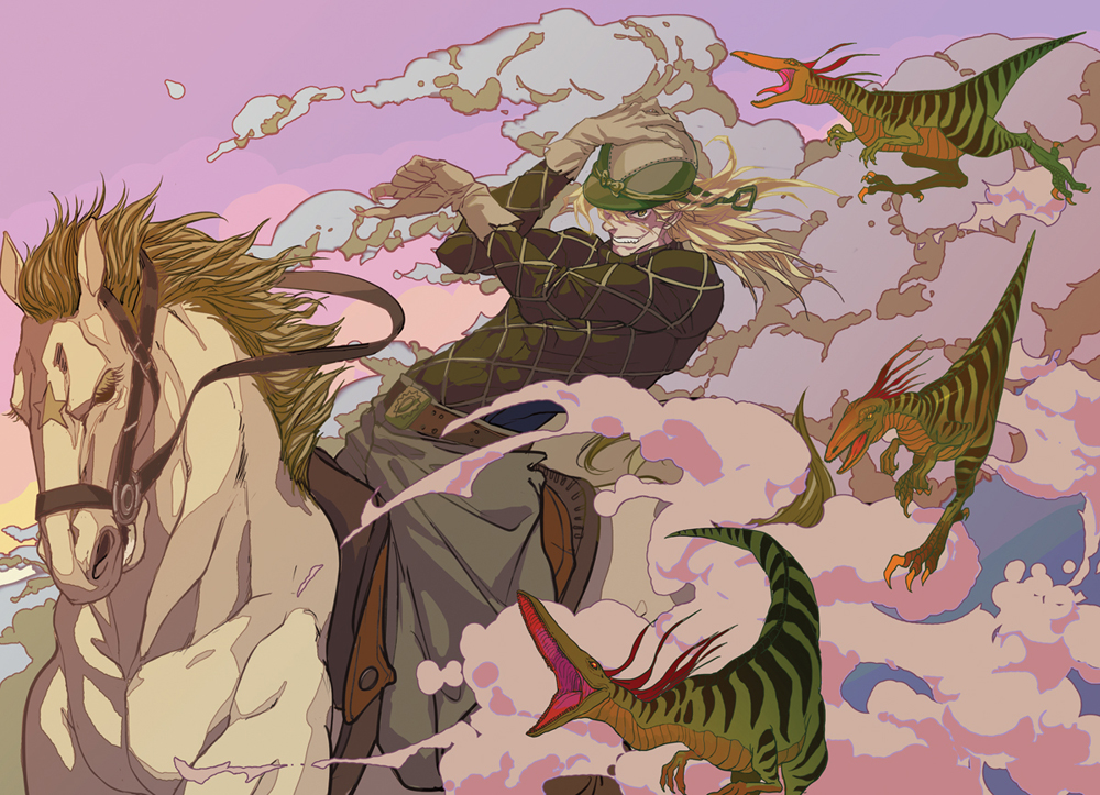 1boy, blonde_hair, diego_brando, dinosaurs, glasgow_smile, gloves, hat, horse, jodhpurs, jojo_no_kimyou_na_bouken, scary_monster_(stand), stand_(jojo), steel_ball_run, tail, zishanjiang