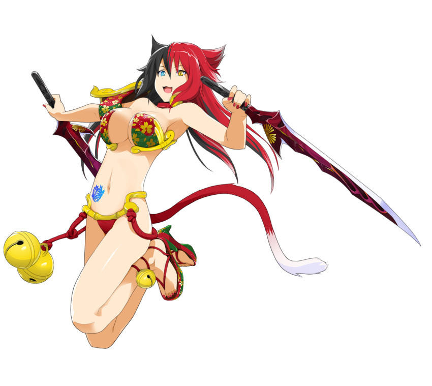 1girl, animal_ears, bell, black_hair, cat_ears, cat_tail, heterochromia, ibaraki_douji_(onigiri)