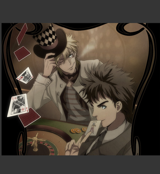 19routine, 2boys, black_hair, blonde_hair, caesar_anthonio_zeppeli, card, gambling, hat