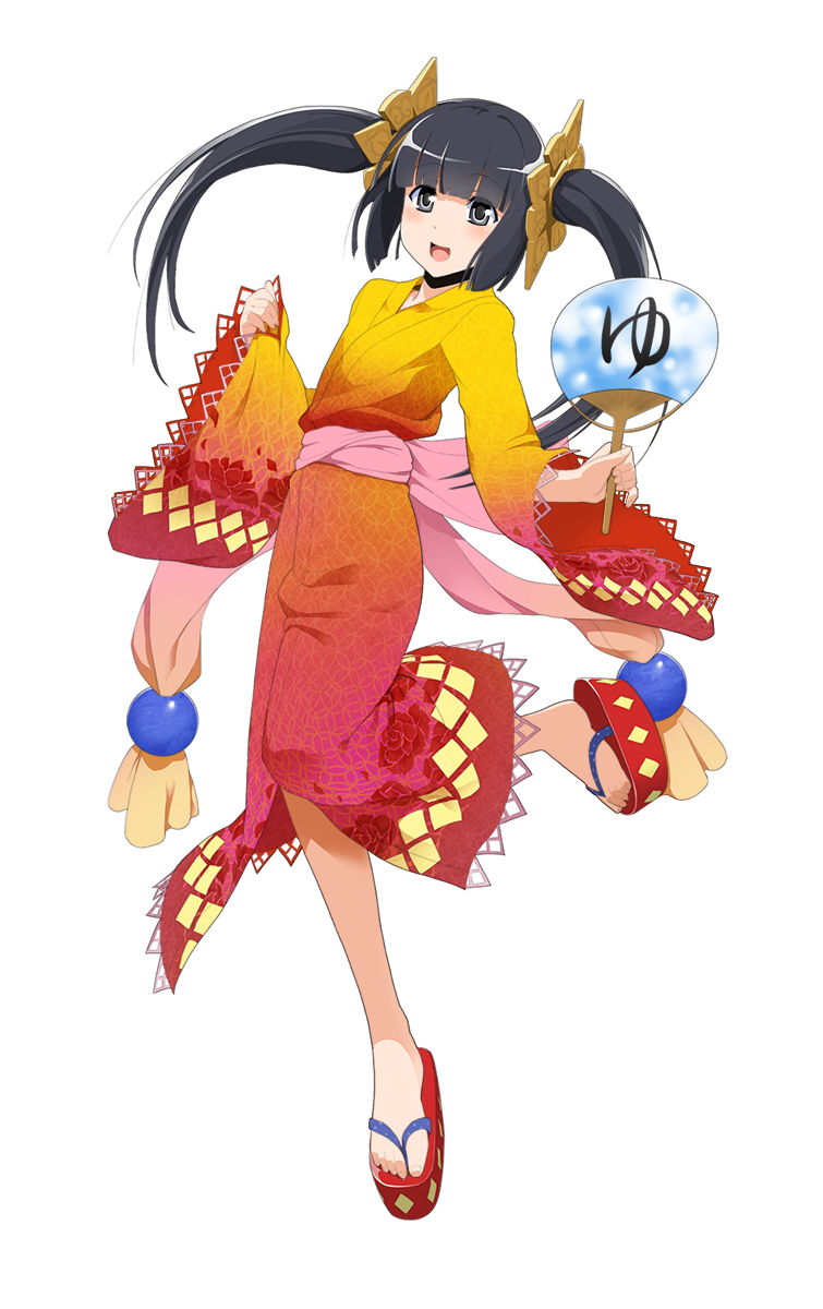 1girl, amaterasu_(onigiri), black_hair, dress, fan, grey_eyes, hair_ornament, highres, official_art, onigiri_(mmorpg), sash