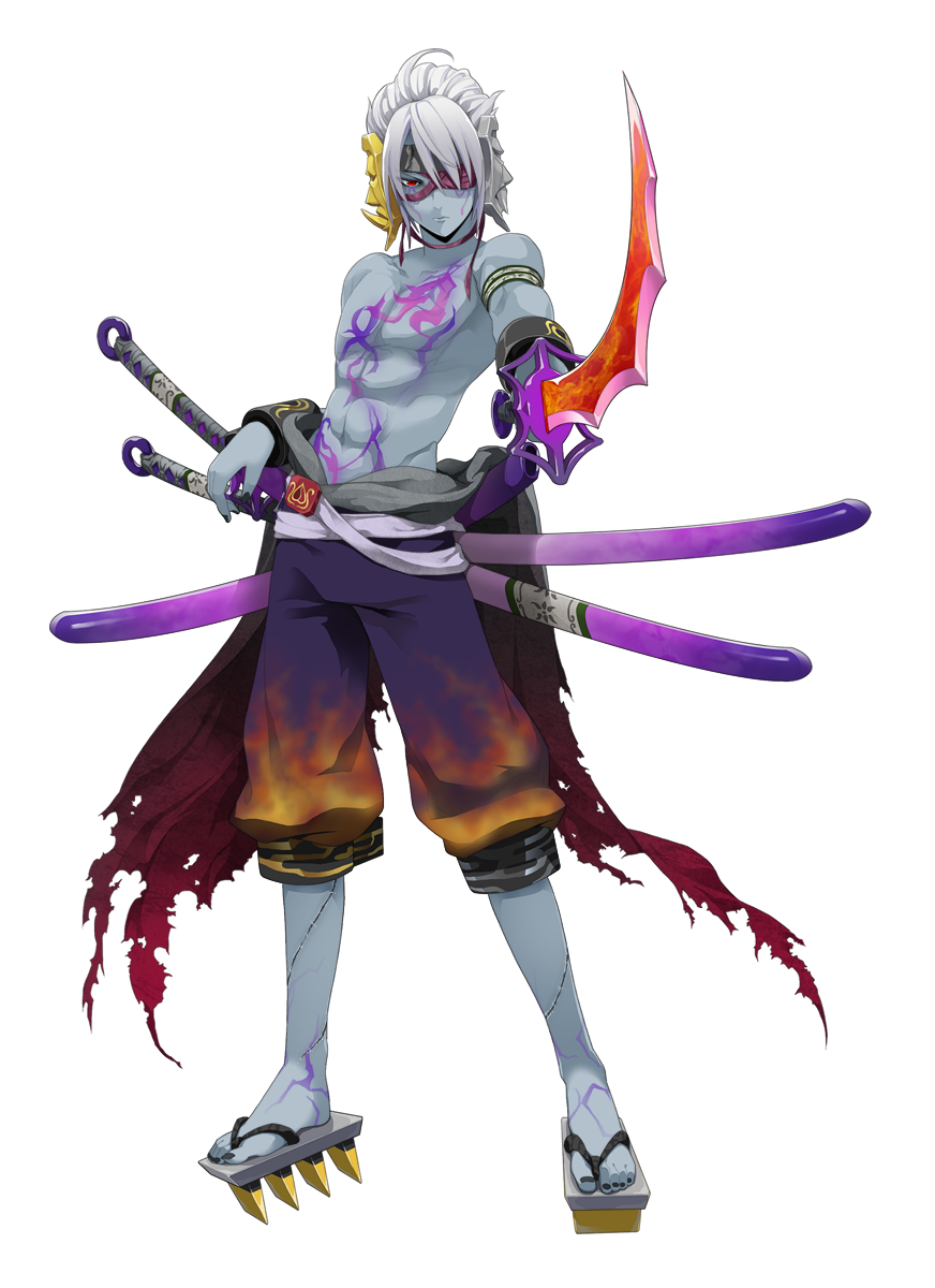 1boy, armband, bare_chest, blue_skin, eyepatch, highres, mask_on_head, momotaro_(onigiri), multiple_swords, onigiri_(mmorpg), red_eyes, stitches, sword, tattoo, torn_clothes, weapon, white_hair, wristband, zombie