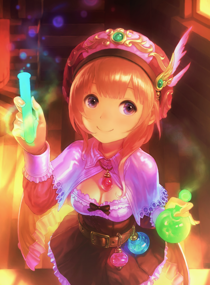 1girl, atelier_(series), atelier_rorona, belt, bow, breasts, brown_hair, capelet, cleavage, collarbone, funuyu, glowing, hat, holding, long_sleeves, rororina_fryxell, round-bottom_flask, shadow, shirt, skirt, smile, solo, test_tube, violet_eyes, wooden_floor