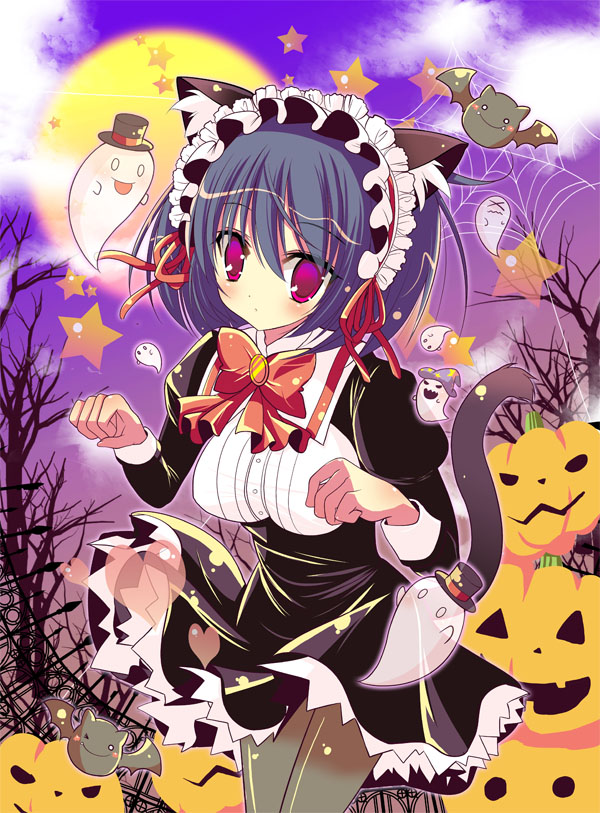 1girl, animal_ears, black_hair, bow, cat_ears, cat_tail, hairband, halloween