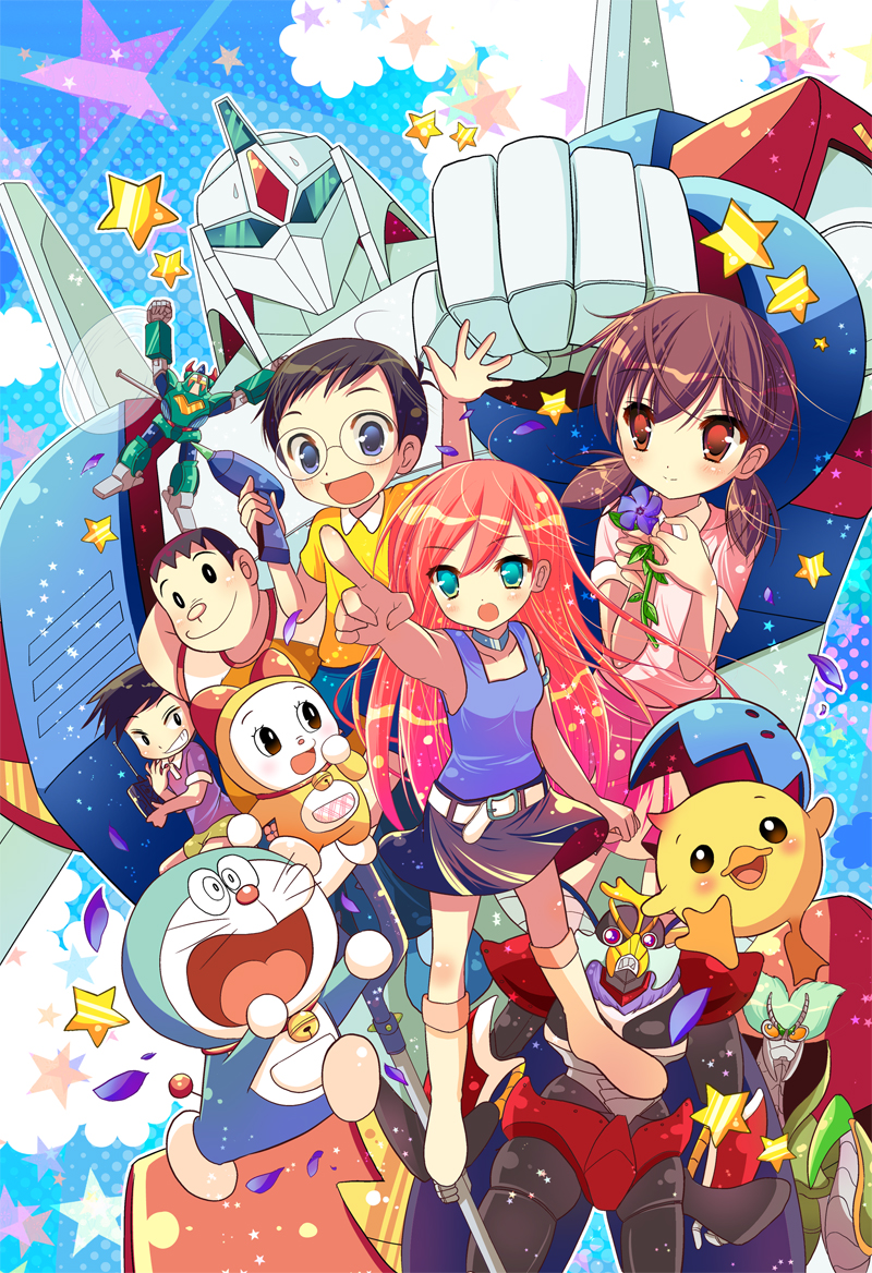 2girls, 3boys, ahoge, aqua_eyes, black_eyes, black_hair, brown_eyes, brown_hair