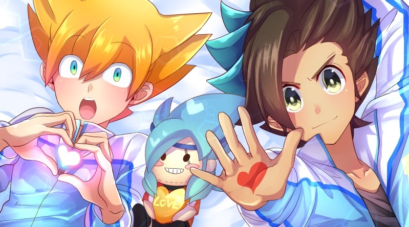 2boys, blue_eyes, blue_hair, blush_stickers, brown_hair, bust, doll, grin
