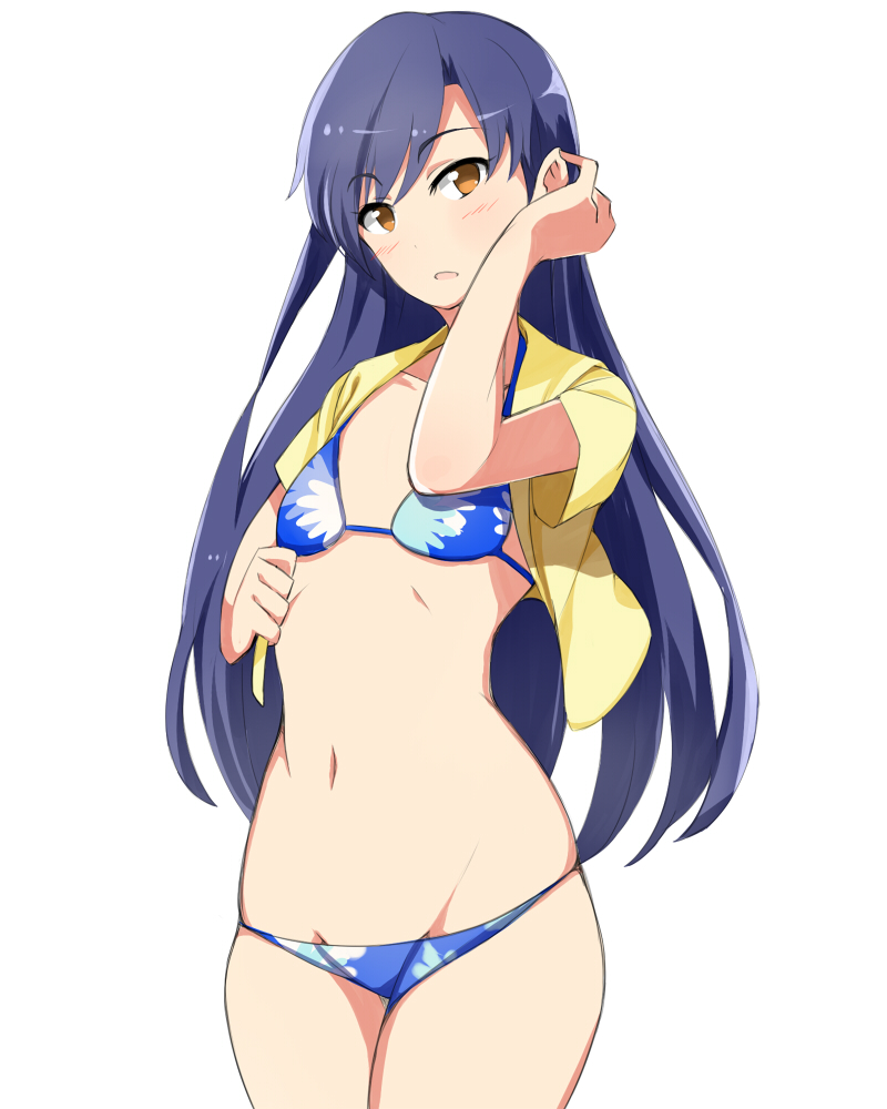 1girl, bikini, blue_hair, brown_eyes, dress_shirt, flat_chest, idolmaster, kisaragi_chihaya, long_hair, open_clothes, open_shirt, q_(a72pgc), shirt, swimsuit