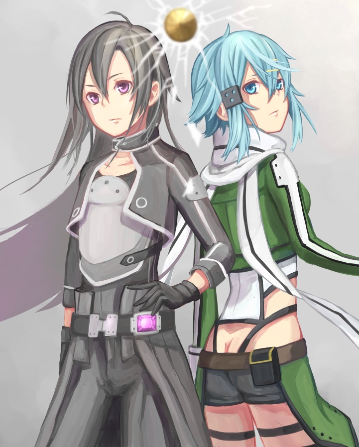 1boy, 1girl, ahoge, black_eyes, black_hair, blue_eyes, blue_hair, breastplate