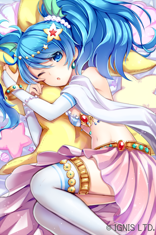 1girl, ;o, ayato_(kinoto), blue_eyes, blue_hair, bracelet, bridal_gauntlets, company_name