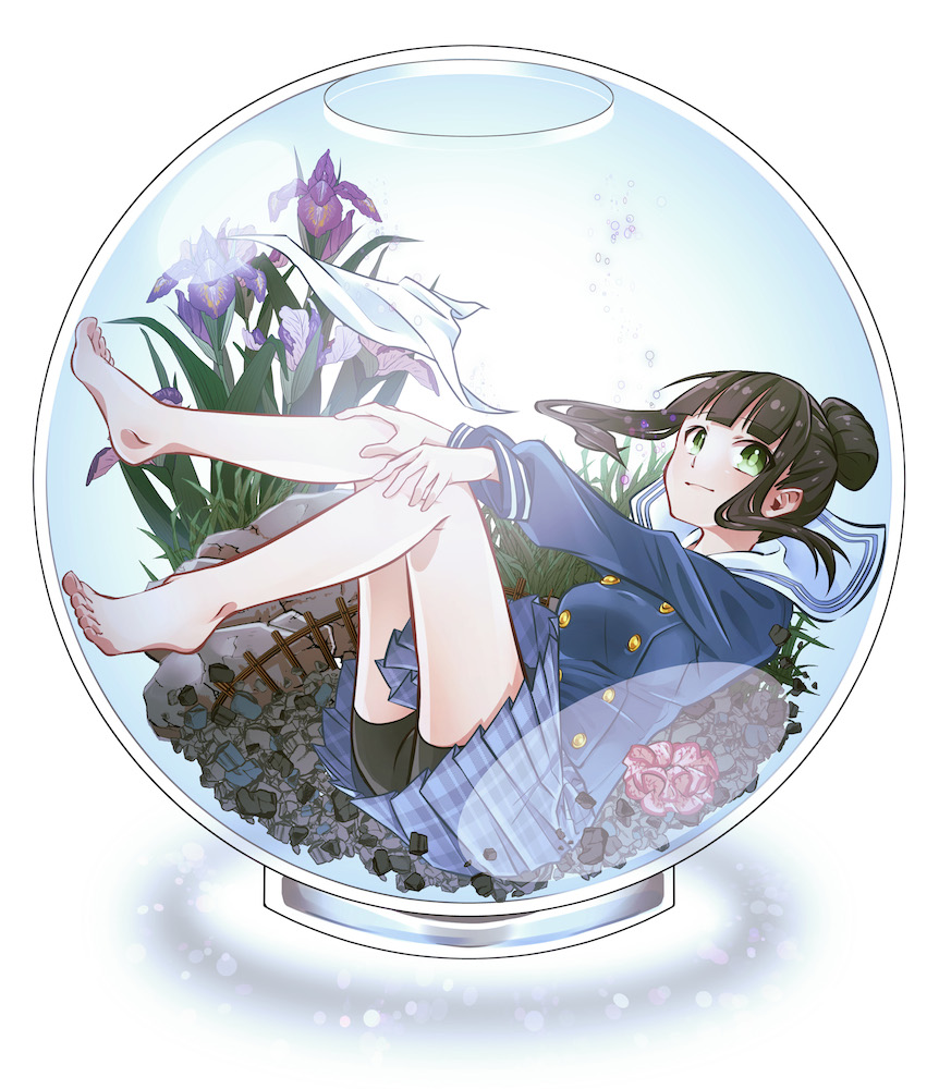 1girl, barefoot, brown_hair, bubble, cleiooo, fishbowl, flower, green_eyes, hair_bun, hamaguchi_ayame, idolmaster, idolmaster_cinderella_girls, jacket, legs, school_uniform, short_hair, shorts, skirt, smile, solo, underwater