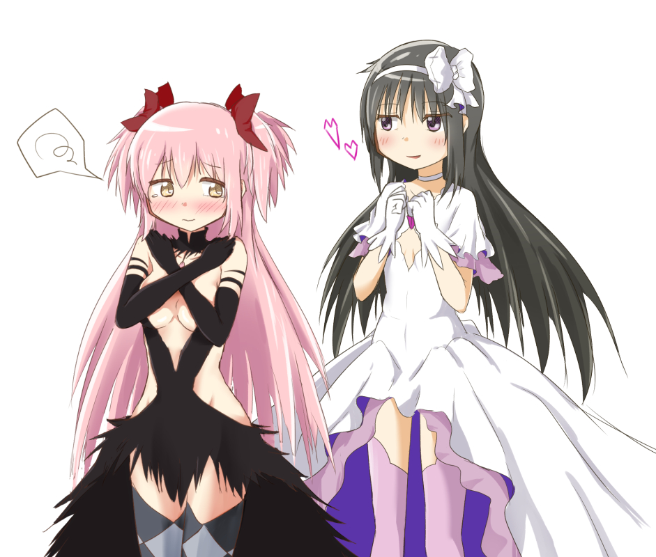 2girls, akemi_homura, akuma_homura, akuma_homura_(cosplay), argyle, argyle_legwear, bare_shoulders, black_gloves
