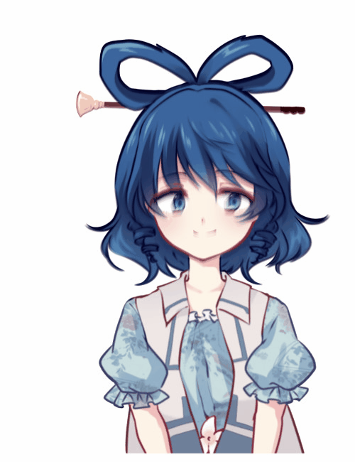 1girl, animated, animated_gif, blue_eyes, blue_hair, drill_hair, hair_ornament, hair_stick, head_tilt, kaku_seiga, sash, smile, solo, touhou, ugoira, uranaishi, white_background
