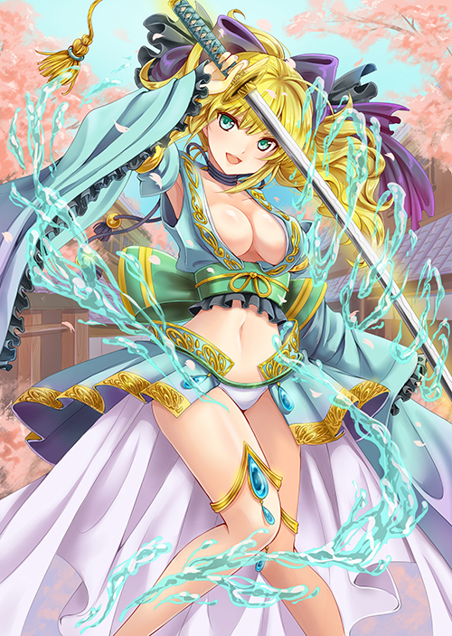 1girl, arm_up, blonde_hair, bow, breasts, center_opening, choker, cleavage