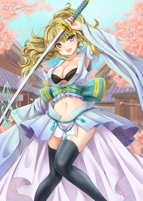 1girl, arm_up, black_bra, black_legwear, blue_skirt, bow, bra, breasts