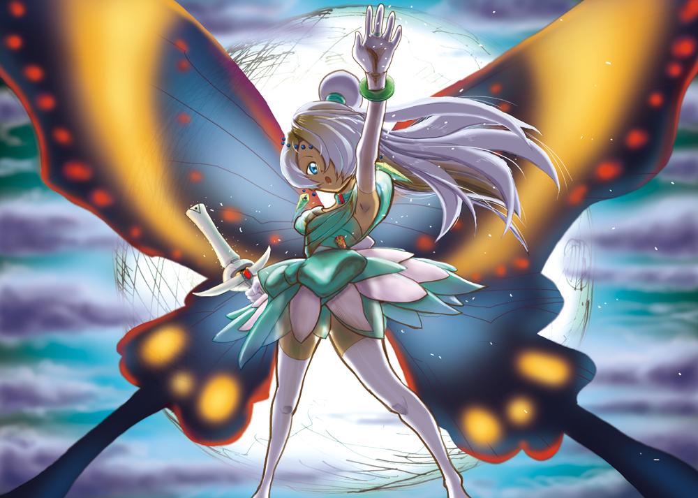 1boy, arm_up, armpits, blue_eyes, butterfly, crossdressinging, dark_skin, elbow_gloves, gloves, gundam, hair_ornament, hair_over_one_eye, heartcatch_precure!, kit90125, laura_rolla, long_hair, loran_cehack, magical_girl, parody, pearl, ponytail, pose, precure, silver_hair, skirt, solo, thighhighs, trap, turn_a_gundam, wand, white_legwear