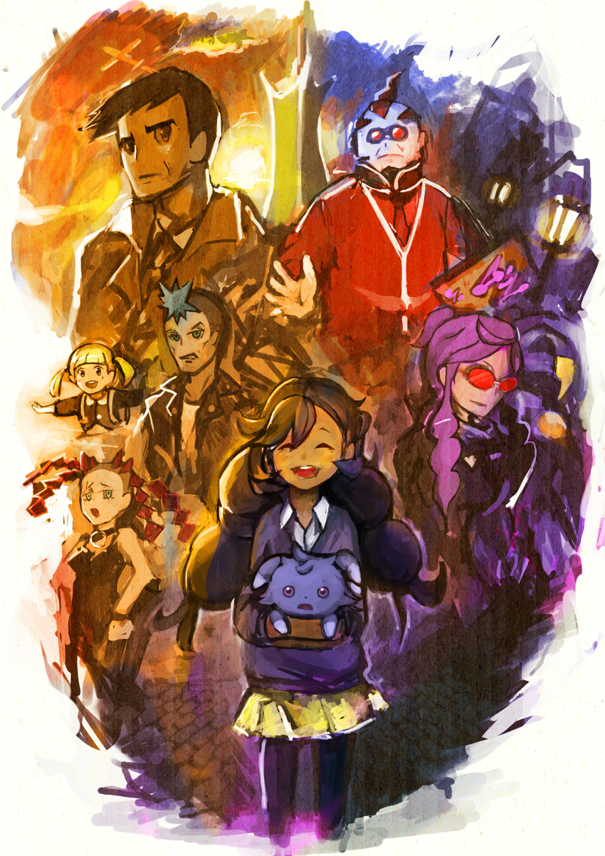 3boys, 5girls, :o, airplane, black_hair, blonde_hair, blue_hair, creature, dual_persona, esprit_(pokemon), espurr, green_eyes, handsome_(pokemon), helmet, highres, lamppost, matiere_(pokemon), multiple_boys, multiple_girls, necktie, pachira_(pokemon), pigtail, pokemon, pokemon_(creature), pokemon_(game), pokemon_xy, preschooler_(pokemon), punk_girl_(pokemon), punk_guy_(pokemon), purple_hair, redhead, rii2, skirt, smile, sunglasses, tears, tower, trench_coat, xerosicy_(pokemon)