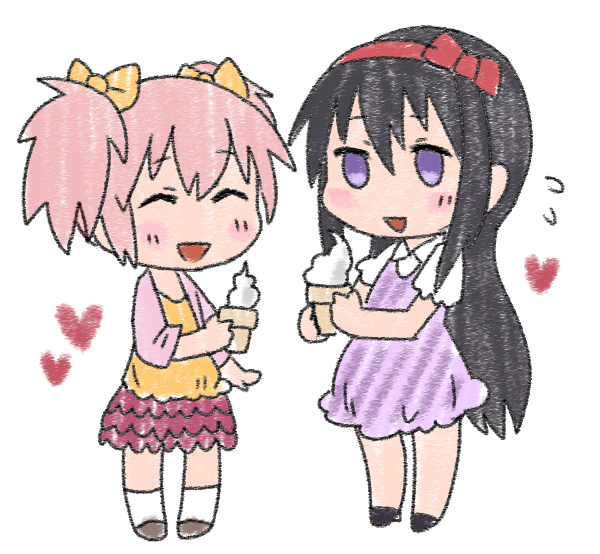 2girls, :d, akemi_homura, black_hair, bow, casual, chibi, closed_eyes