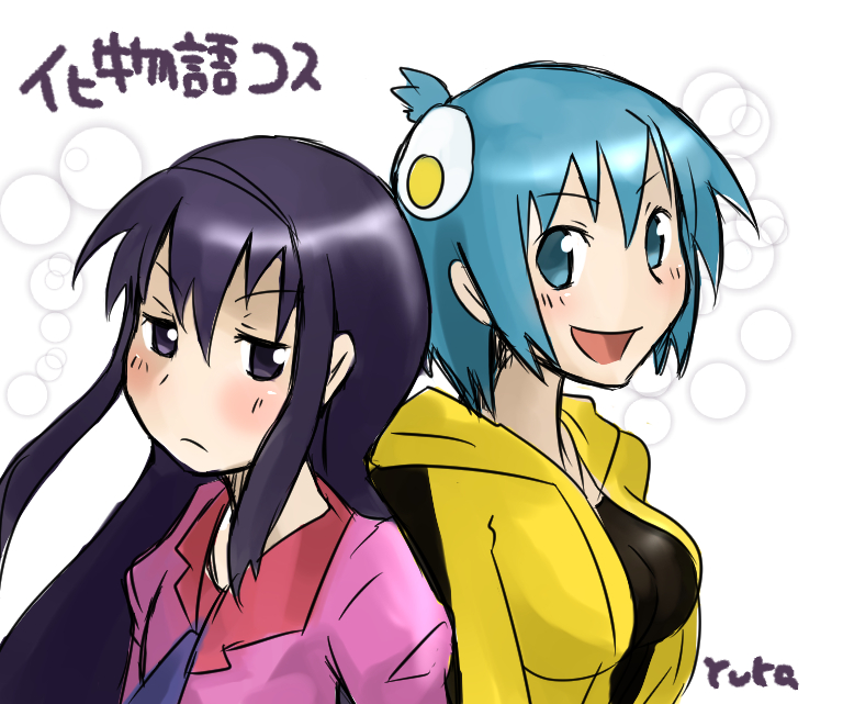 2girls, :d, akemi_homura, araragi_karen, araragi_karen_(cosplay), back-to-back, black_hair, blue_eyes