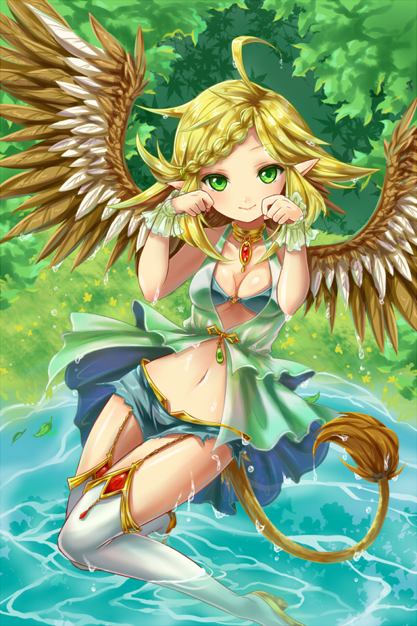 1girl, ahoge, bikini_top, blonde_hair, braid, choker, flipped_hair, green_eyes