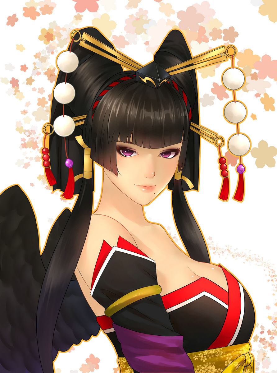 1girl, bare_shoulders, black_hair, black_wings, breasts, cleavage, dead_or_alive, dead_or_alive_5, detached_sleeves, eyeliner, hat, highres, japanese_clothes, large_breasts, lips, makeup, mole, nyotengu, solo, tengu, tokin_hat, violet_eyes, wings, x&amp;x&amp;x