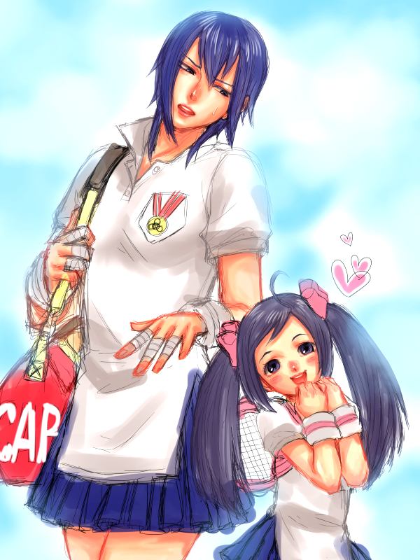 2girls, armlet, ayuhara_natsu, bag, blue_hair, duffel_bag, hair_ribbon, heart