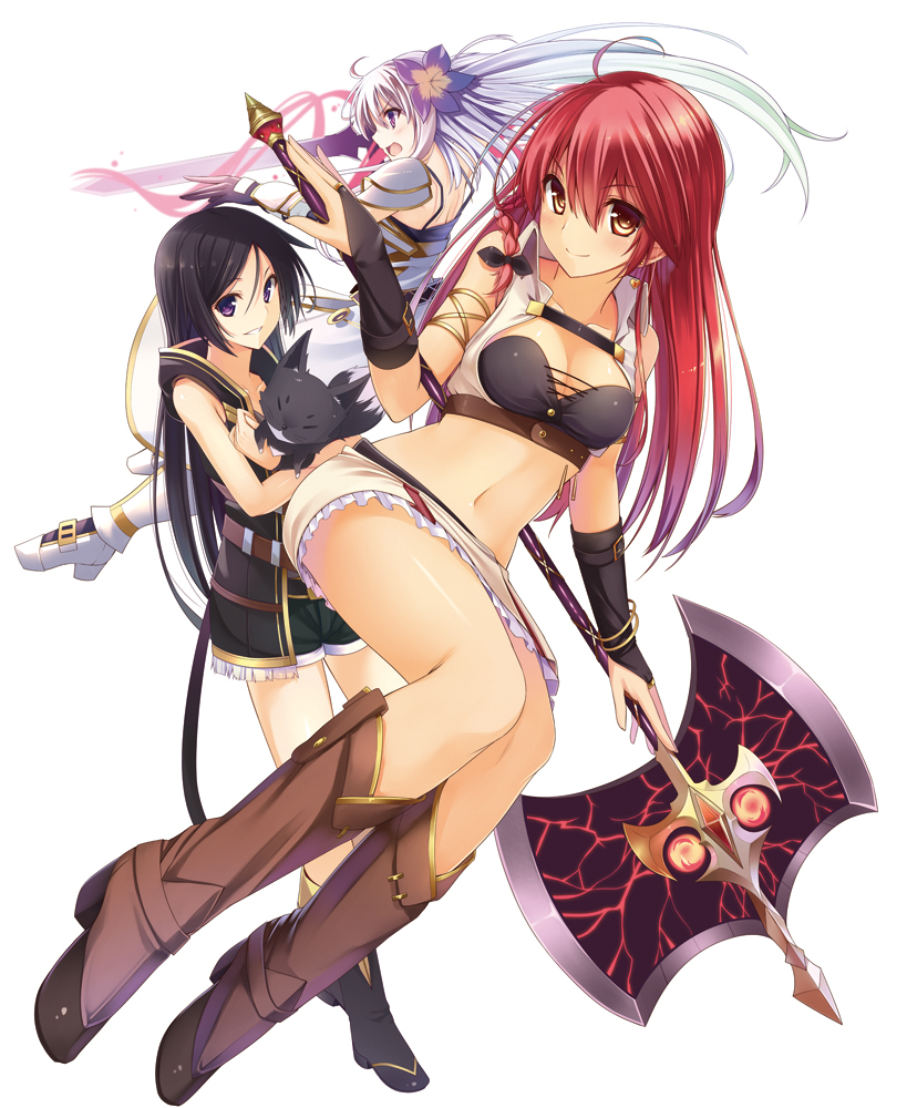 3girls, ahoge, animal, axe, black_gloves, black_hair, braid, breasts, brown_eyes, carrying, fingerless_gloves, gauntlets, gloves, hair_ornament, hair_ribbon, holding, long_hair, looking_at_viewer, magi_(only_sense_online), multiple_girls, myuu_(only_sense_online), navel, official_art, only_sense_online, open_mouth, parted_lips, purple_hair, redhead, ribbon, shorts, simple_background, single_braid, smile, sword, violet_eyes, weapon, white_background, yukichin, yun_(only_sense_online)