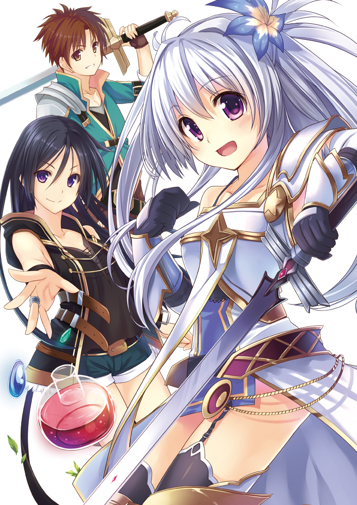 1boy, 2girls, :d, black_hair, brown_eyes, brown_hair, clenched_hand, flower, flower_on_head, gauntlets, holding, jewelry, long_hair, looking_at_viewer, multiple_girls, myuu_(only_sense_online), official_art, only_sense_online, open_mouth, purple_hair, reaching, ring, shorts, simple_background, smile, sword, taku_(only_sense_online), taletale, violet_eyes, weapon, white_background, yun_(only_sense_online)