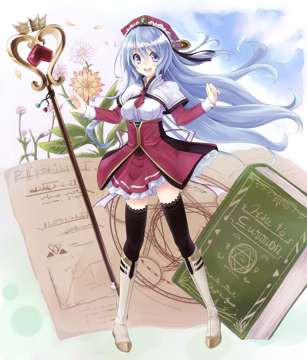 1girl, :d, aqua_eyes, aqua_hair, black_legwear, book, boots, flower