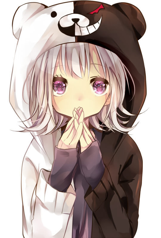 1girl, animal_hood, dangan_ronpa, fingers_together, hood, hooded_jacket, looking_at_viewer, monokuma
