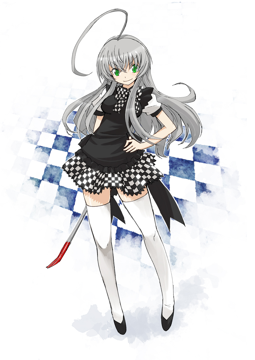 1girl, ahoge, crowbar, green_eyes, haiyore!_nyaruko-san, hand_on_hip, holding, long_hair