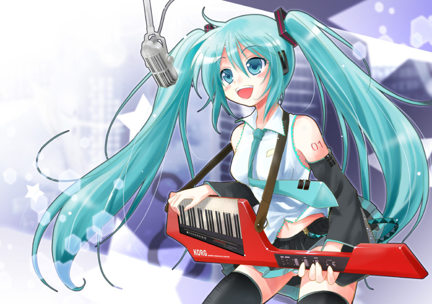 1girl, aqua_eyes, aqua_hair, hatsune_miku, headphones, instrument, keyboard_(instrument), keytar