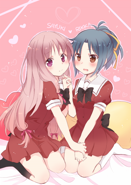 2girls, black_hair, blush, bow, brown_eyes, character_name, hair_bow, hair_ornament, hair_ribbon, hands_clasped, long_hair, looking_at_viewer, multiple_girls, open_mouth, pink_hair, ponytail, ribbon, school_uniform, serafuku, shinozaki_rikka, shirakawa_sayuki, sitting, sono_hanabira_ni_kuchizuke_wo, tarabagani, violet_eyes, yuri