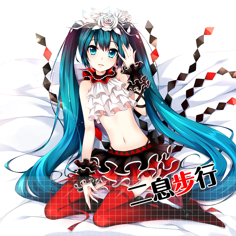 1girl, aqua_eyes, aqua_hair, hatsune_miku, long_hair, navel, noodle-y, skirt