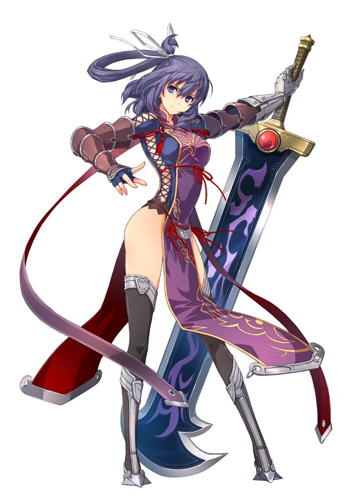 1girl, ao_no_kiseki, armor, artist_request, black_legwear, blue_gloves, boots, dress, eiyuu_densetsu, fingerless_gloves, full_body, gauntlets, gloves, hair_ribbon, huge_weapon, jpeg_artifacts, long_hair, no_panties, one_side_up, purple_hair, ribbon, rixia_mao, side_slit, simple_background, solo, sword, thigh-highs, violet_eyes, weapon, white_background