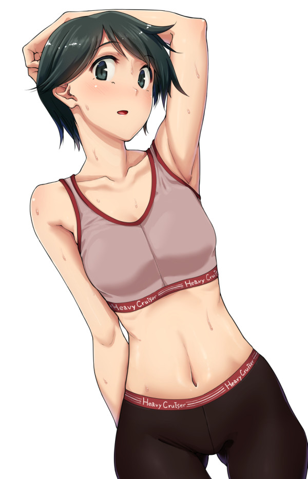 1girl, arm_up, armpits, aya_shachou, bike_shorts, black_eyes, black_hair, blush